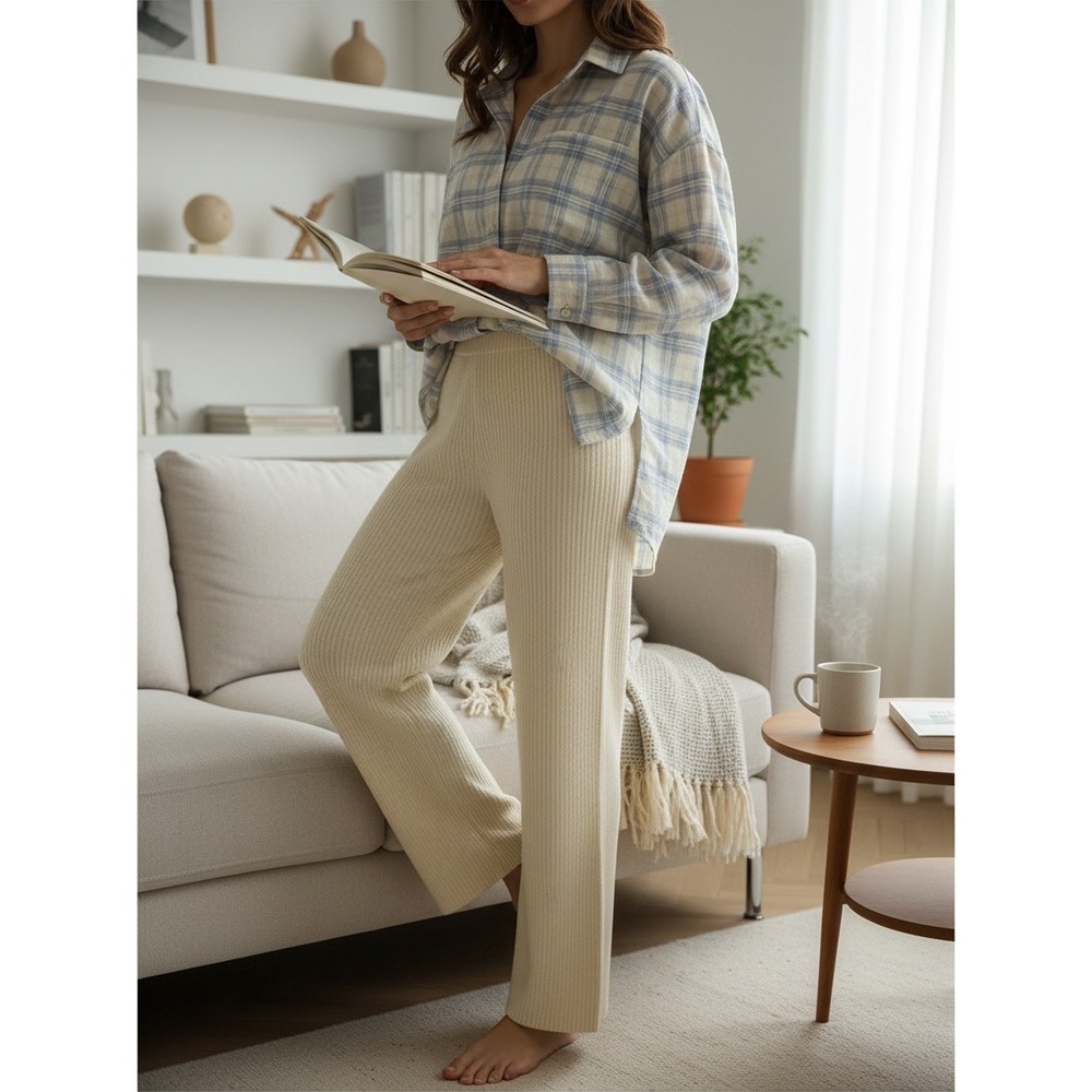 Unbranded Ribbed Knit Pants Women S Cream Wide Leg Elastic Waist Loungewear